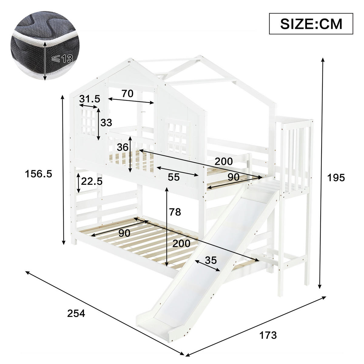 ETAGENBETT Mit Kinderrutsche Weiß 90x200cm - Weiß, Holz (90/200cm) - ComfortXL