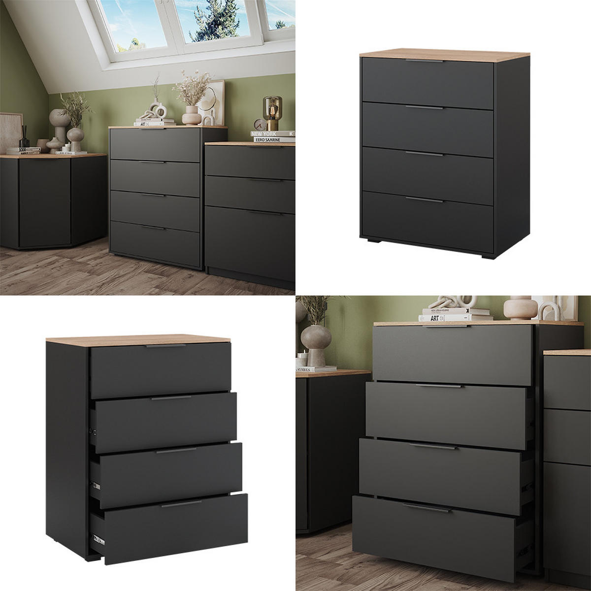 KOMMODE Betti Anthrazit 120 x 83.6 cm mit 4 Schubladen - Anthrazit/Sonoma Eiche, Holzwerkstoff (30/83.6/120cm) - Vicco