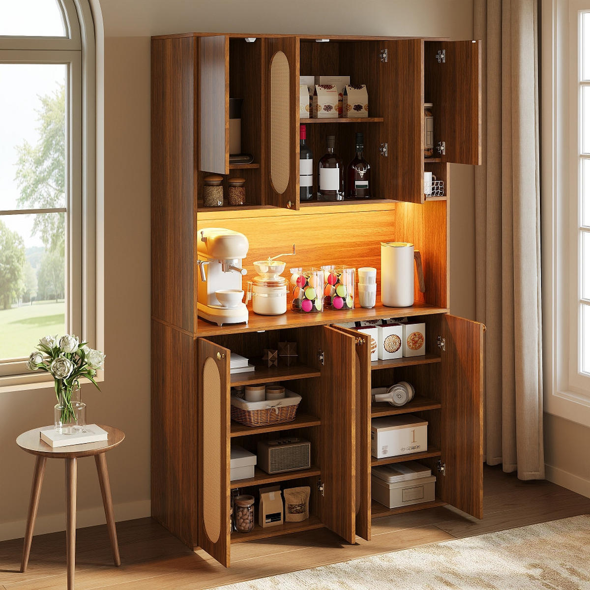 KÜCHENSCHRANK-SCHRANK Hausbar-Schrank, MIT LED-BELEUCHTUNG, 8 Türen, PE-Rattan, MDF Natur, Esszimmer Wohnzimmer, 106/40/178 cm - Naturfarben, Kunststoff (40/178/106cm) - Rolipo