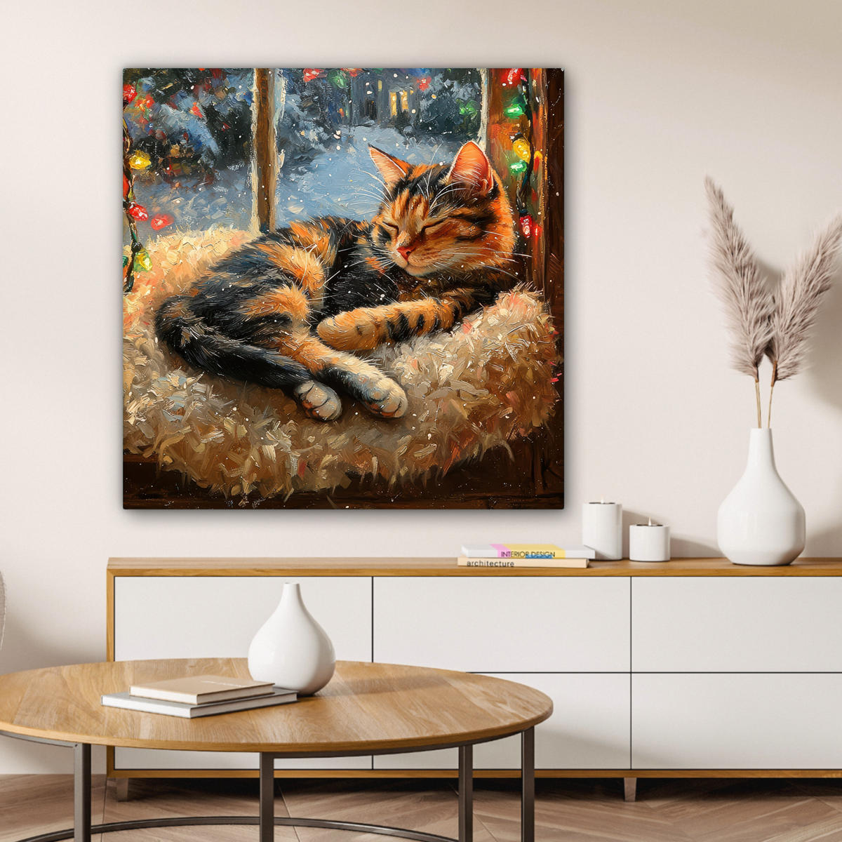 LEINWANDBILD Katze - Weihnachten - Winter - Tier 90x90 cm - Bernsteinfarben, Textil (90/90cm) - MuchoWow