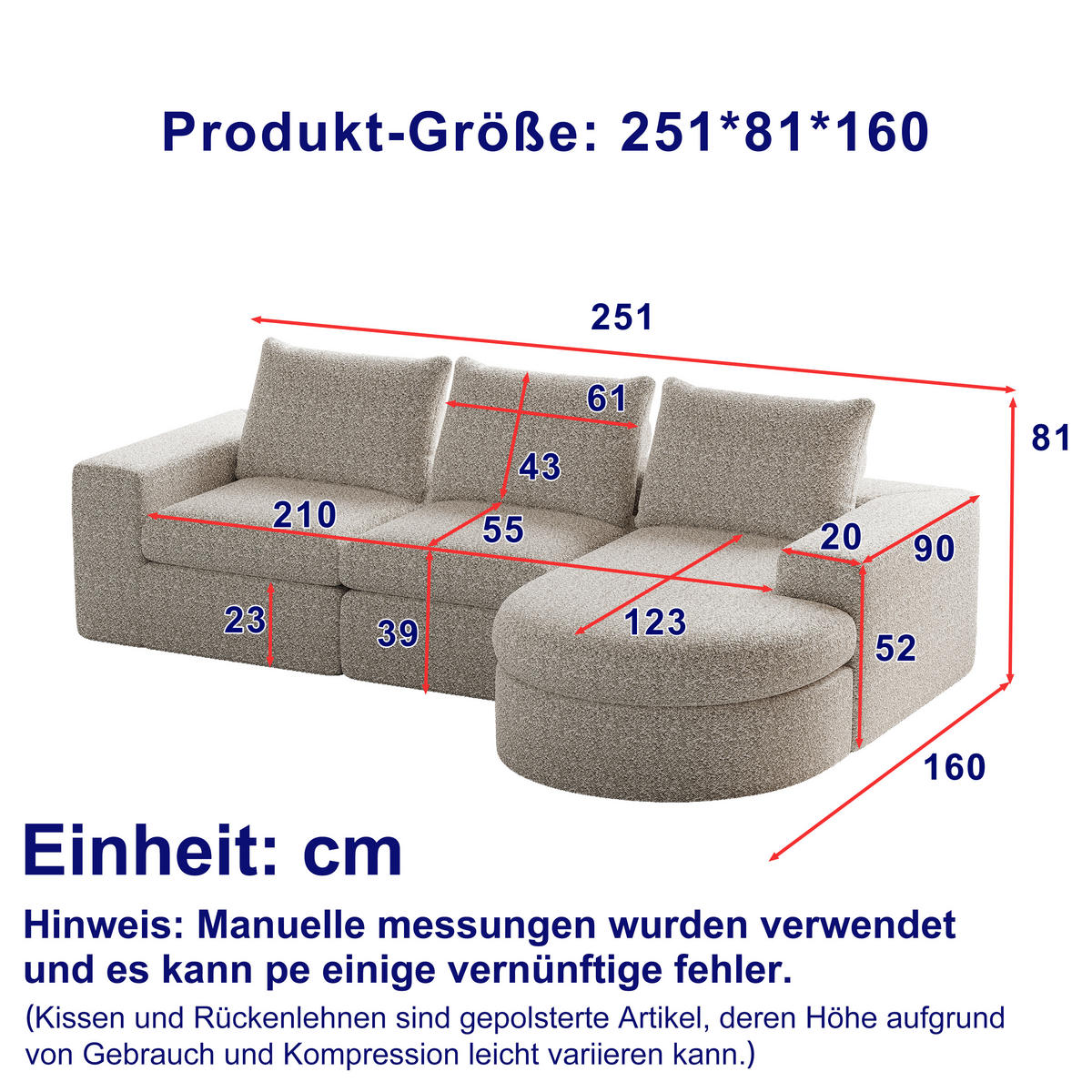 SCHLAFSOFA aus Chenille mit Liegestuhl, montagefrei - Beige, Textil (251/81/160cm)