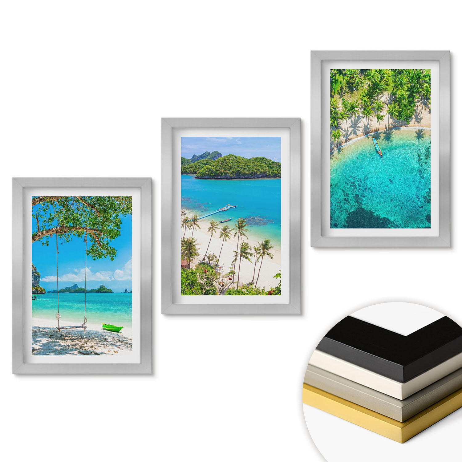 WANDBILDER 3er Set - 20x30 cm Silberner Rahmen - Strände, Palmen, klares Wasser - Silberfarben, Kunststoff (20/30cm) - ArtPrintCave