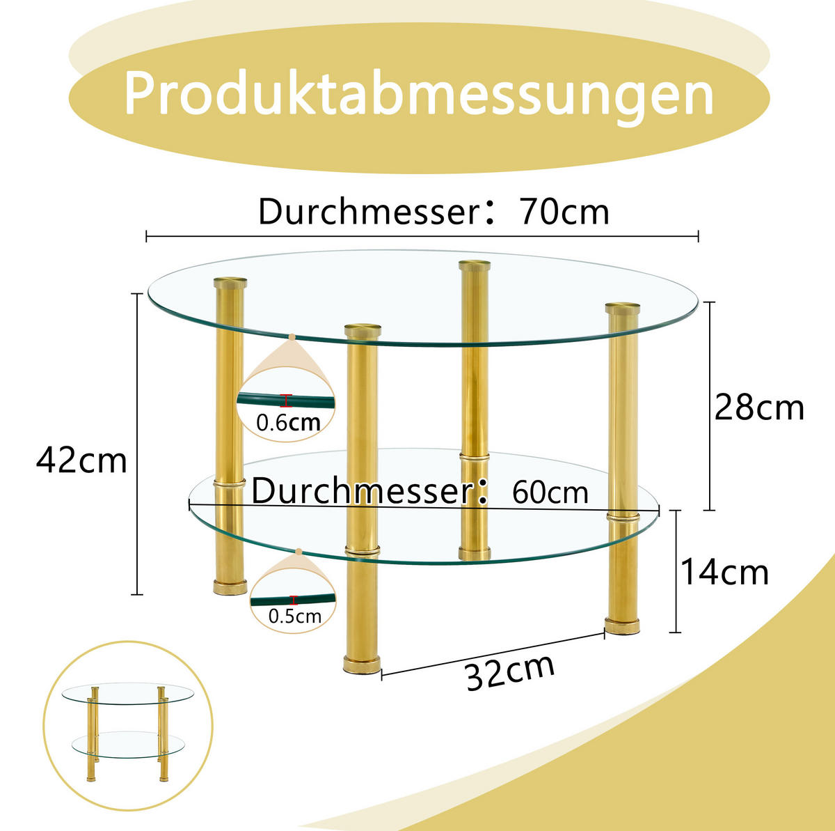 COUCHTISCH 70/60/42 cm aus Glas und Metall in Gold mit 2 Ablagen - Goldfarben, Glas (70/70/42cm) - Flora Grace