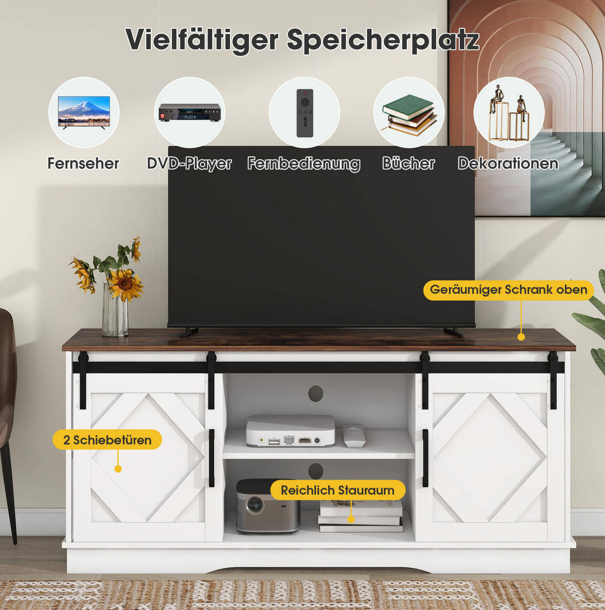 LOWBOARD 150/40/60 cm in Weiß/Braun aus Spanplatte mit Schiebetüren und verstellbaren Regalen - Weiß, Holzwerkstoff (40/60/150cm) - OKMYHOME