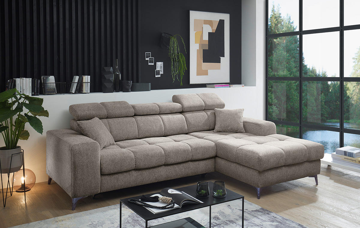 ECKSOFA mit Longchair - Kopfstütze verstellbar, Schlaffunktion, Bettkasten - Taupe/Schwarz, Kunststoff/Textil (268/172cm) - home24
