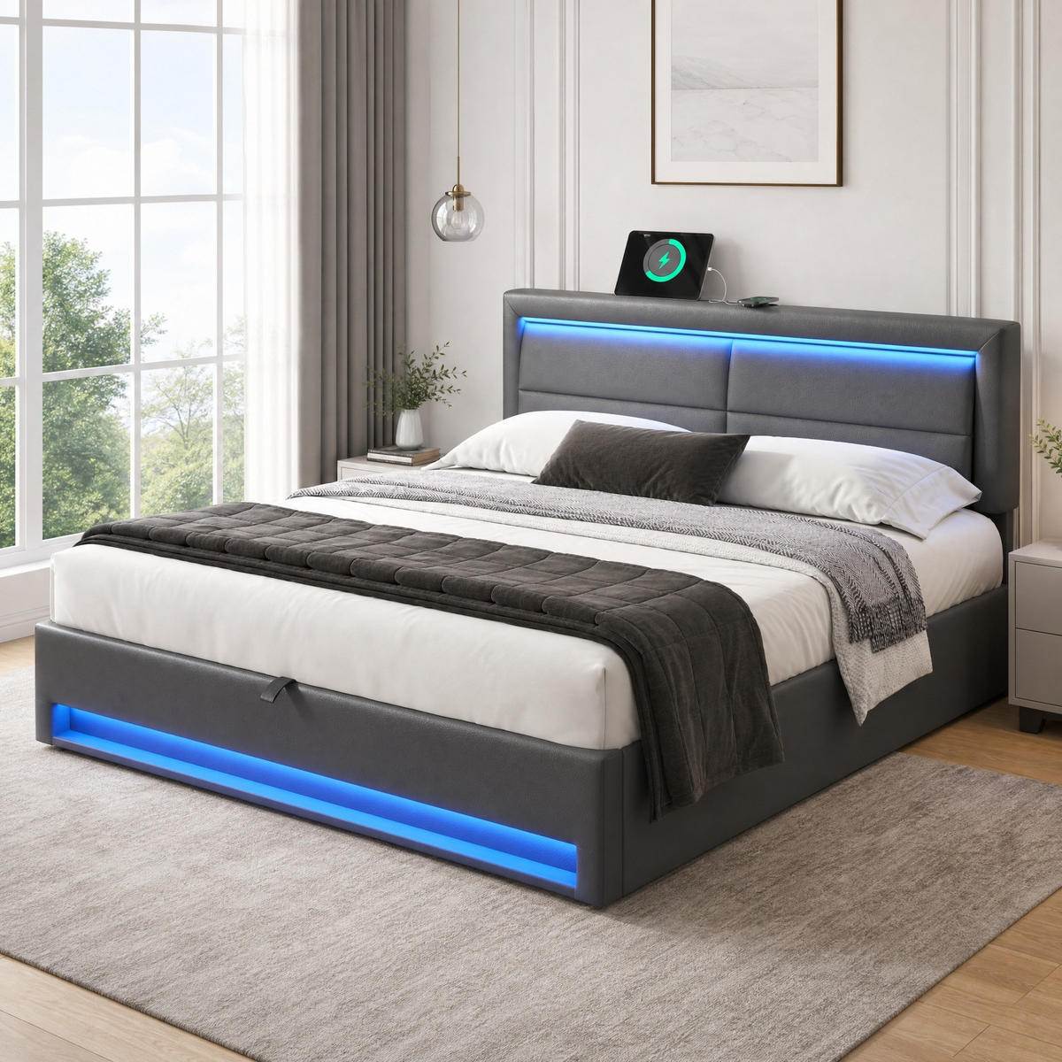 POLSTERBETT 160/200 mit Stauraum, LED und USB für kabelloses und kabelgebundenes Laden in Grau - Grau, Holzwerkstoff/Textil (160/200cm) - EVRYAE