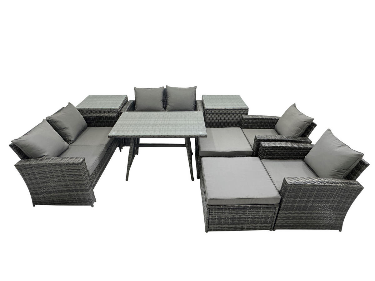 GARTENMÖBELSET mit ESSTISCH,HOCHLEHNER-SOFA Polyrattan Dunkelgrauer Mix 8-Sitzer - Dunkelgrau/Grau, Glas/Kunststoff - Fimous