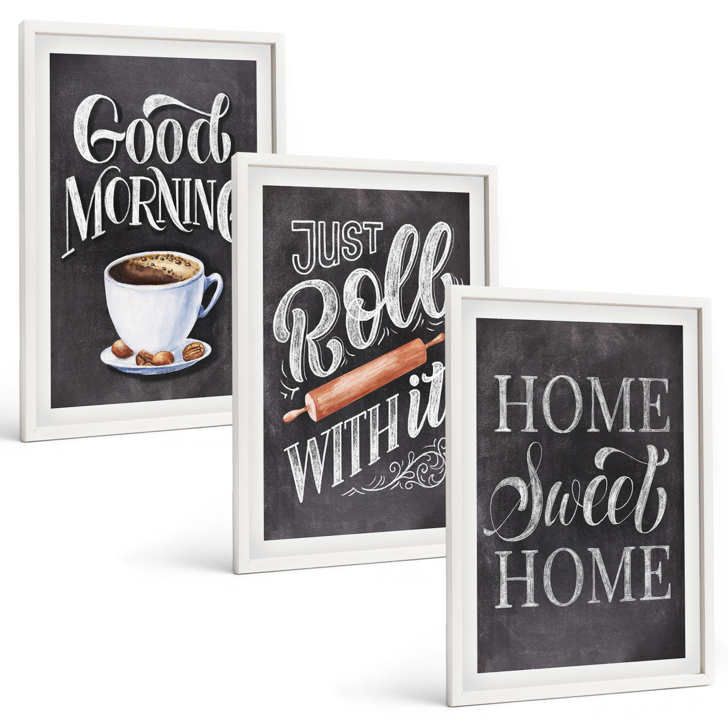 BILDER SET 3er Set - 40x60 cm Weißer Rahmen - Motive und Inschriften für die Küche - Weiß, Kunststoff (40/60cm) - TULUP