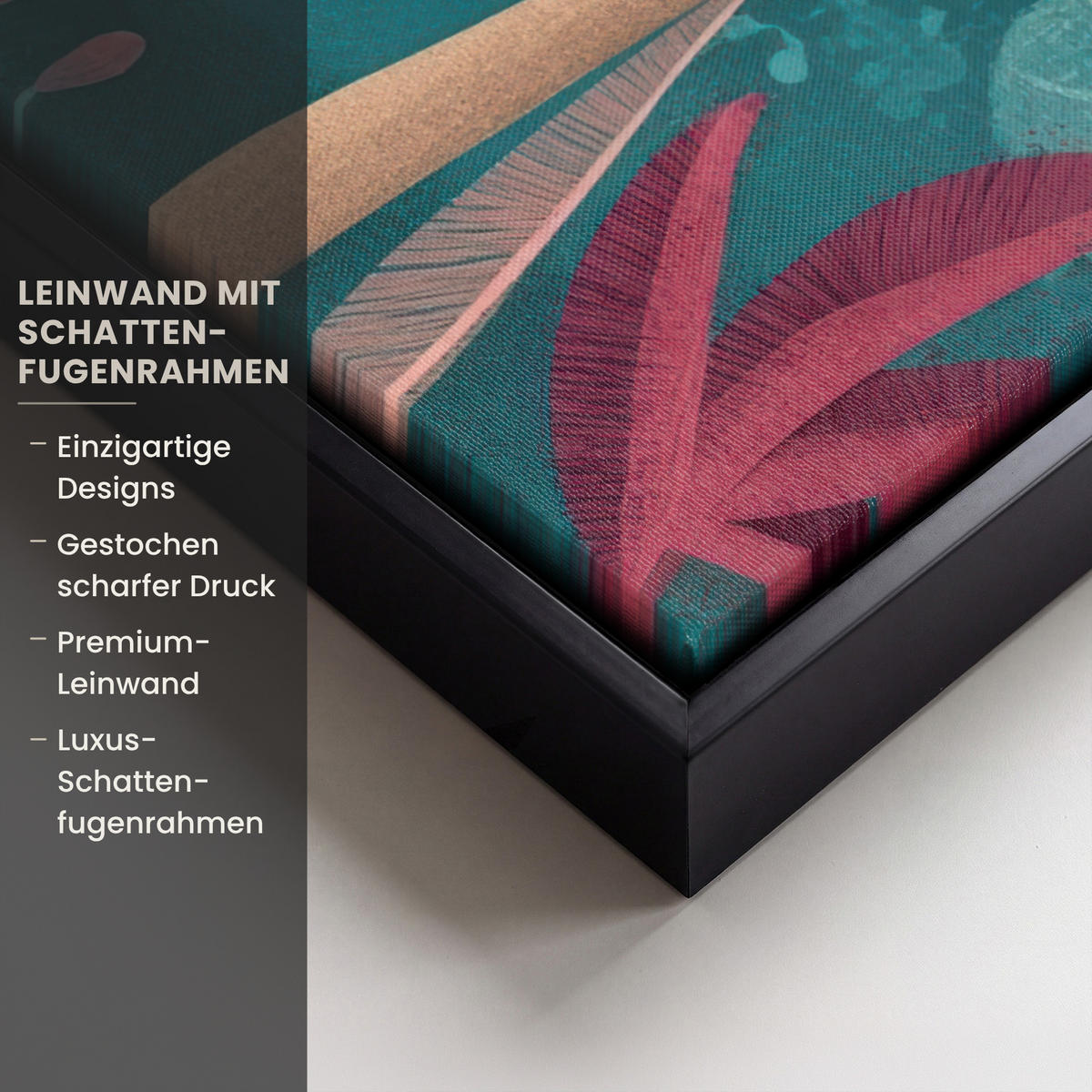 LEINWAND Bilder mit Rahmen - Kakadu - Tropische Blätter - Zweig - 70x100 - Petrol, Textil (70/100cm) - MuchoWow