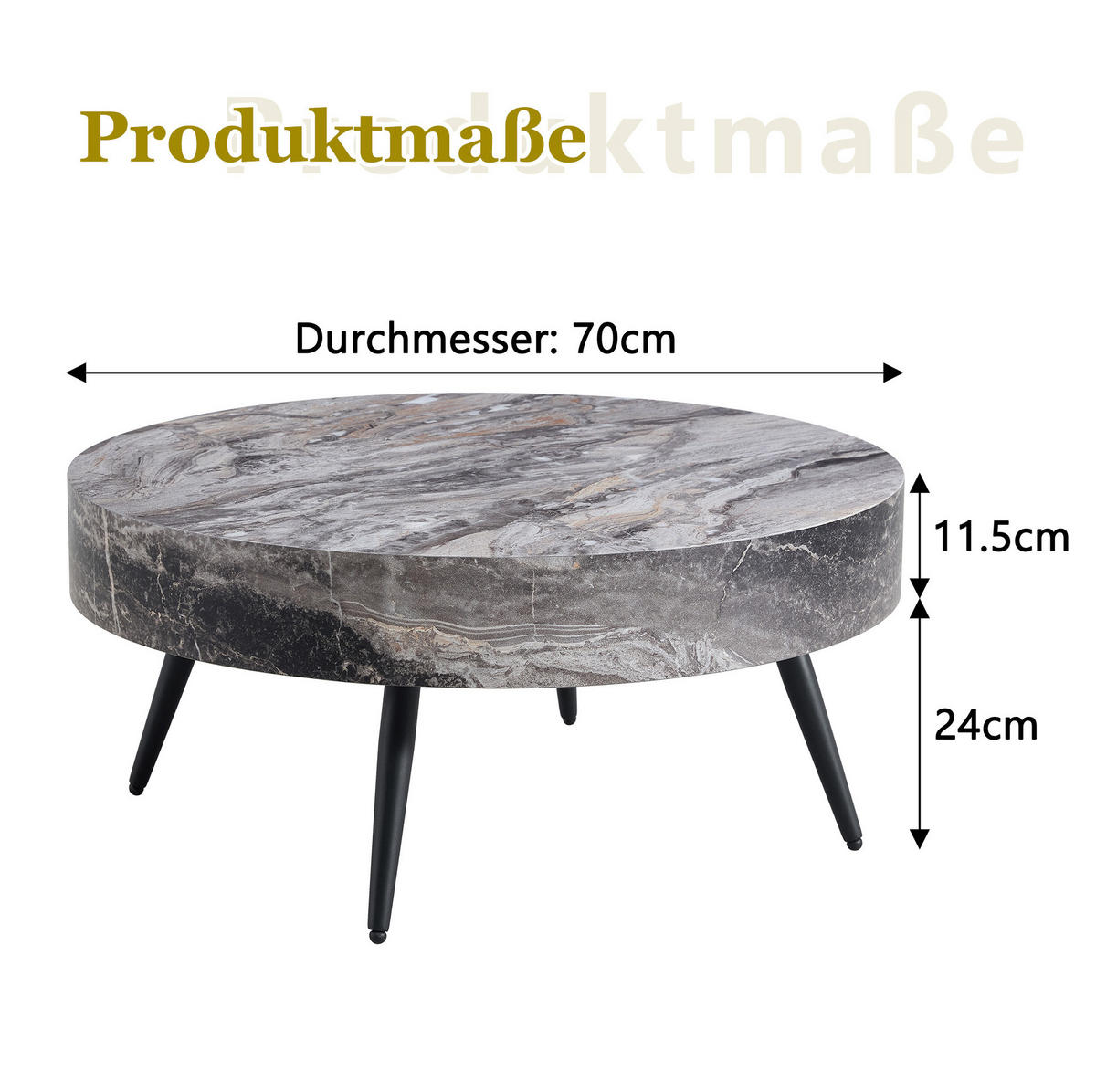 COUCHTISCH 70/70/35,5 cm mit MDF-Tischplatte in Marmoroptik und verstellbaren Füßen, Schwarz/Grau - Schwarz, Holzwerkstoff (70/70/35.5cm) - Modfu