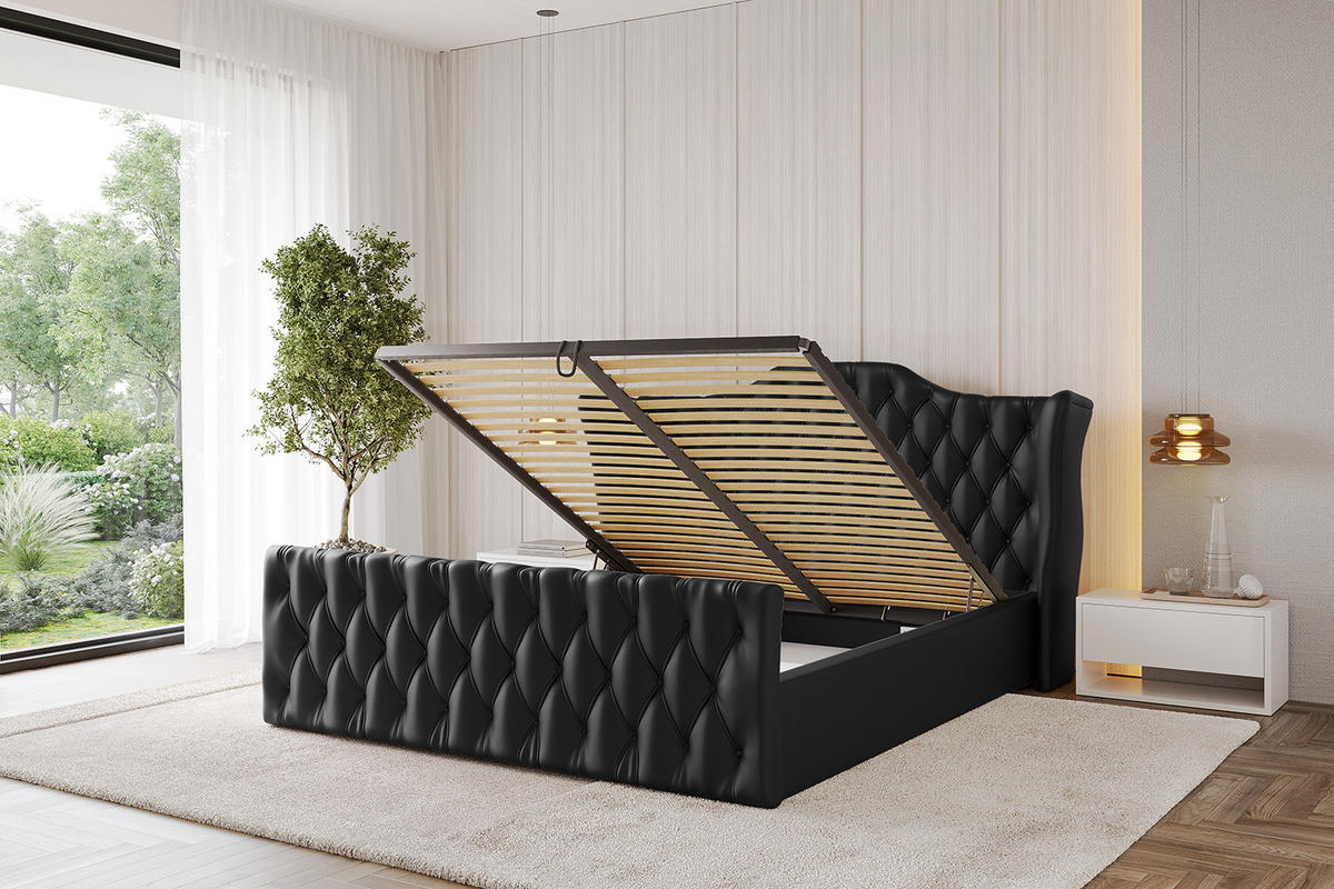 POLSTERBETT mit Bettkasten, Fußteil und Lattenrost, Boxbett mit Matratze H3/H4 - ZORAN-Z 180x200 Schwarz Kunstleder - Schwarz Hochglanz, Holzwerkstoff/Textil (180/200cm) - ALTDECOR