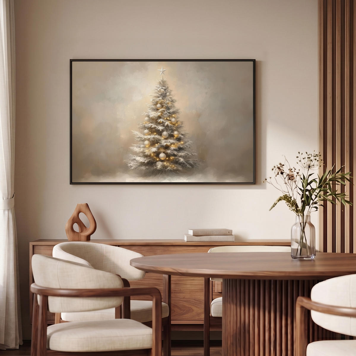 LEINWAND Bilder mit Rahmen - Weihnachten - Weihnachtsbaum - Schnee - Kunst - 90x60 - Champagner, Textil (90/60cm) - MuchoWow