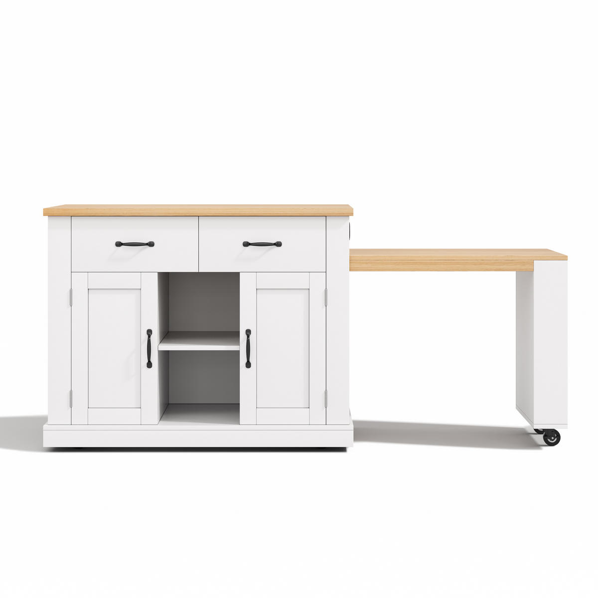 KÜCHENINSEL 133.5/60/93 cm Weiß mit 2 Schubladen, ausziehbarem Esstisch und verstellbaren Regalen - Weiß, Holz/Holzwerkstoff (60/93/132cm) - Oxeza