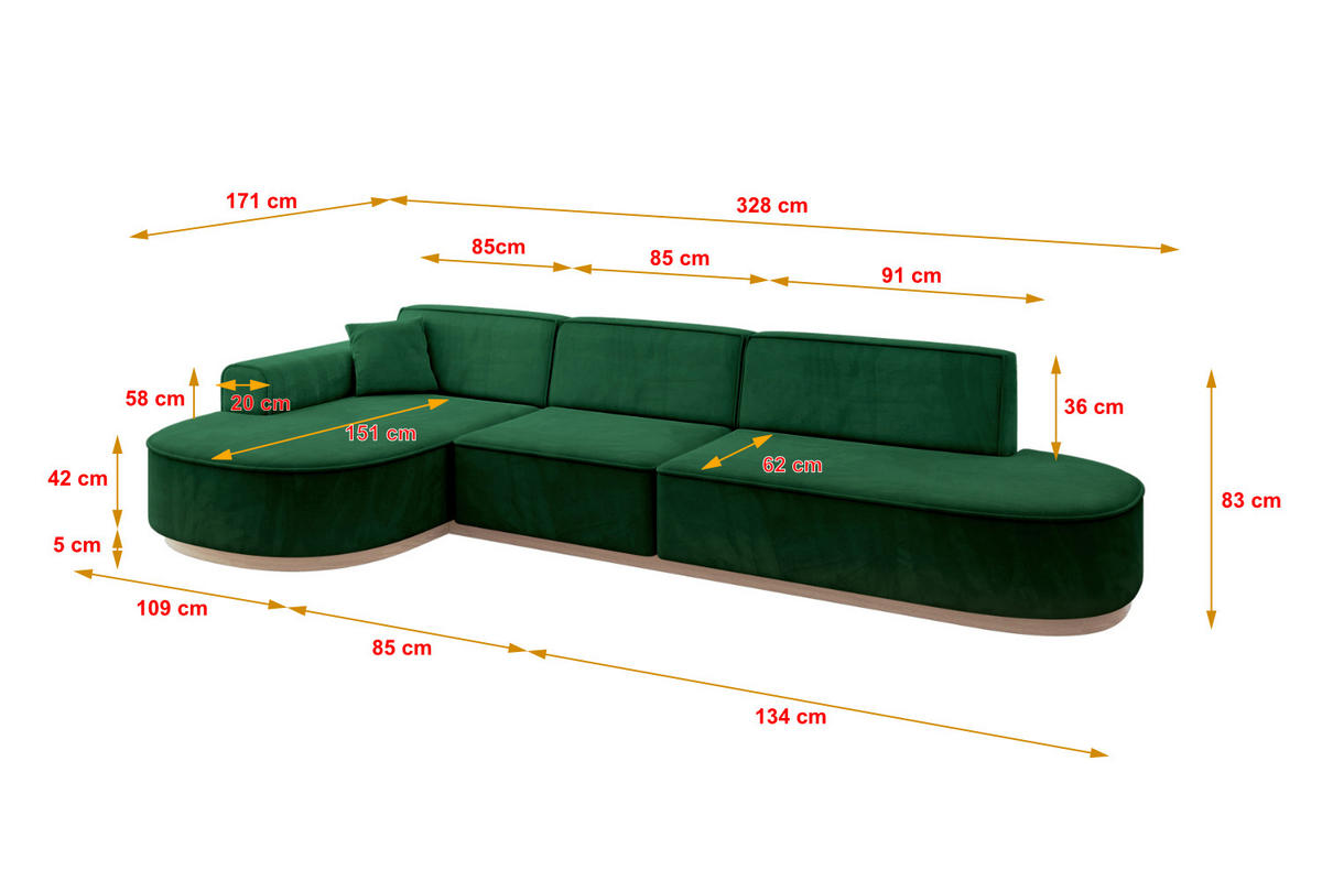 ECKSOFA Ottomane Links MARI-L2-v1 - 328x171x83 cm Dunkelgrün Velours - Dunkelgrün, Holzwerkstoff/Textil (328/171cm) - ALTDECOR