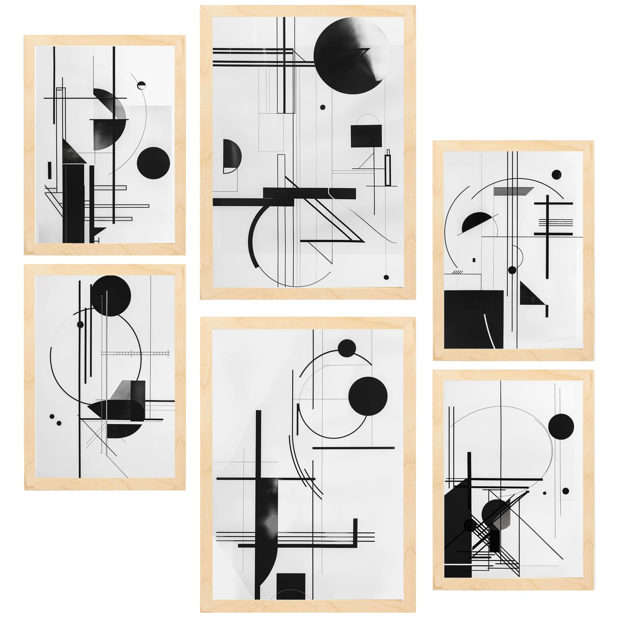 POSTER Set Mit 6 Bauhaus Schwarz Weiß Linien & Formen A3 & A4 Rahmen Aus Hellem Holz - Beige, Papier (29/3cm) - Nacnic