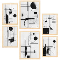 POSTER Set Mit 6 Bauhaus Schwarz Weiß Linien & Formen A3 & A4 Rahmen Aus Hellem Holz - Beige, Papier (29/3cm) - Nacnic