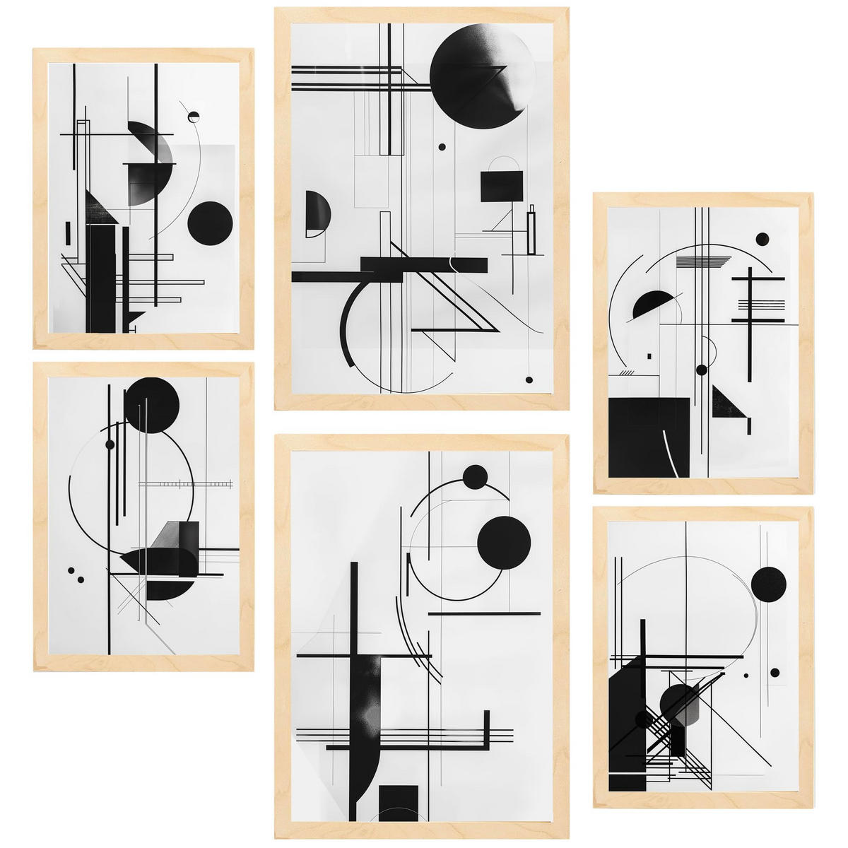 POSTER Set Mit 6 Bauhaus Schwarz Weiß Linien & Formen A3 & A4 Rahmen Aus Hellem Holz - Beige, Papier (29/3cm) - Nacnic