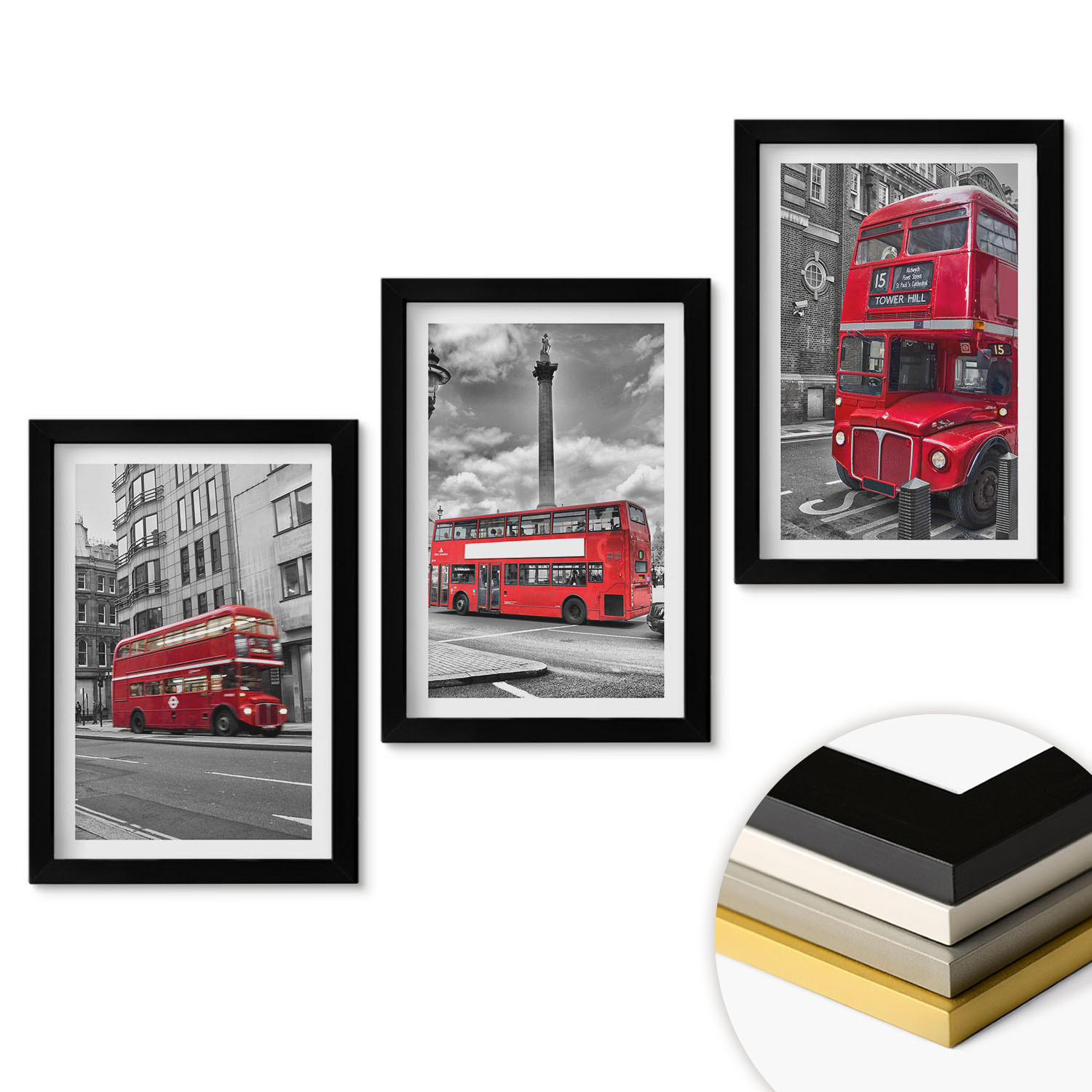 WANDBILDER 3er-Set - 20x30 cm Schwarzer Rahmen - Rote Busse in London - Schwarz, Kunststoff (20/30cm) - ArtPrintCave