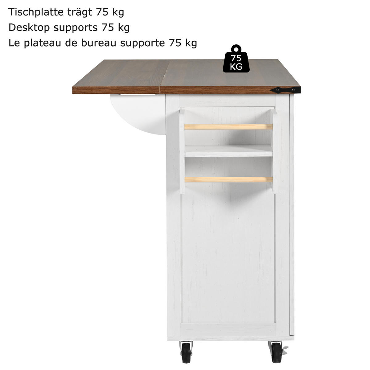 KÜCHENINSEL 140/73/92,5 cm Weiß mit Klappplatte, 3 Schubladen, 2 Türen und Rollen - Beige, Holz/Holzwerkstoff (140/92.5/45cm) - Oxeza