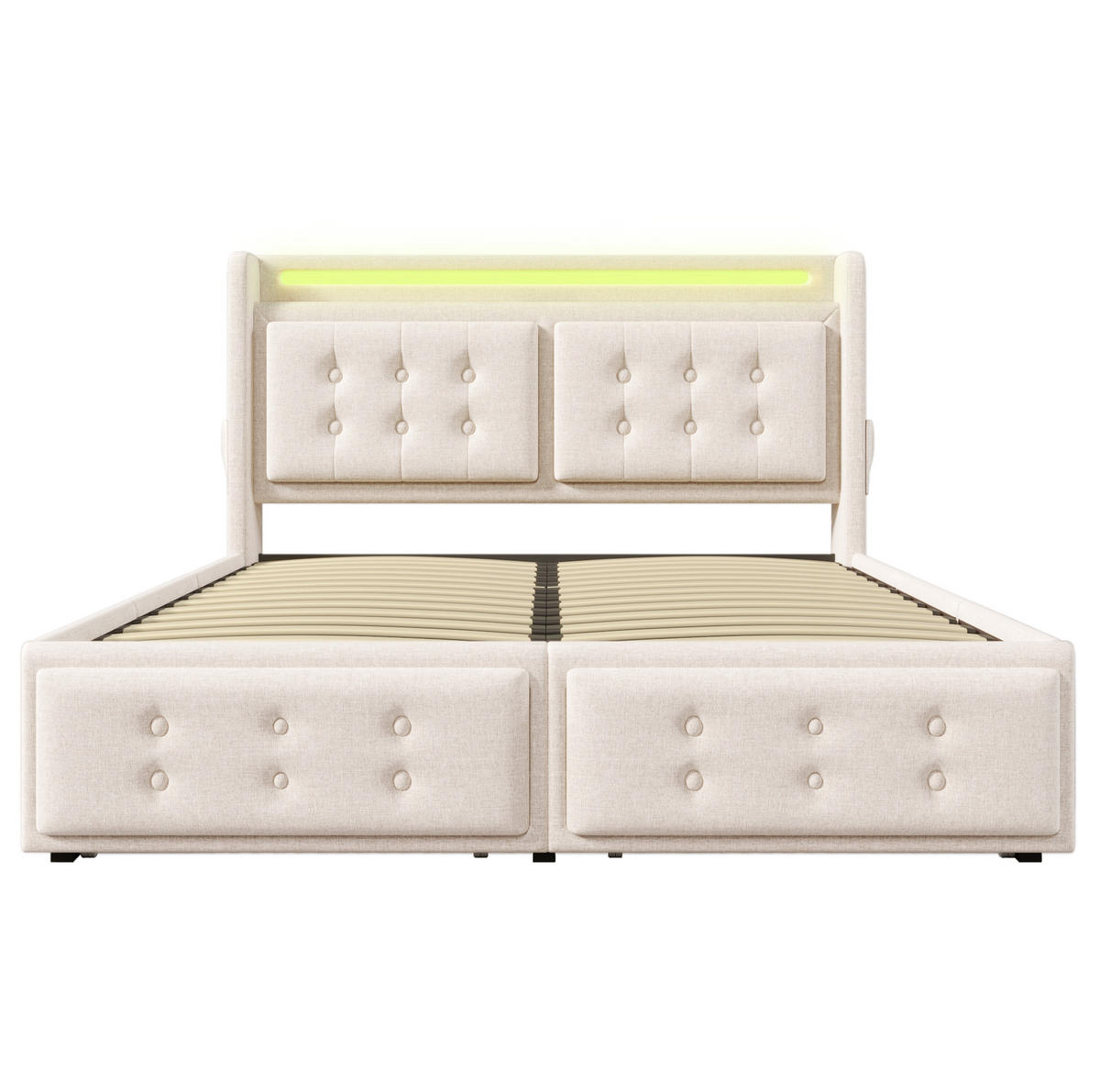 ČALOUNĚNÁ postel 140/200 cm s LED osvětlením, nabíjením USB-C a úložnými zásuvkami, bavlna a kov, Béžová - béžová, textil (140/200cm) - Redom