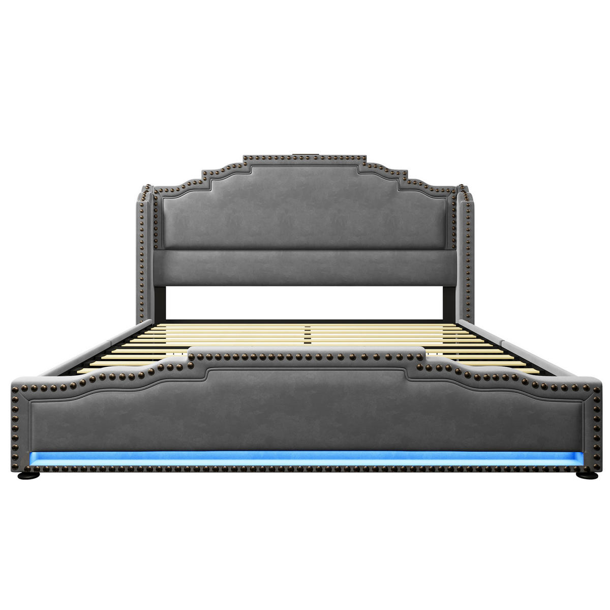 ČALOUNĚNÁ postel 169/214/120 cm, šedá sametová, s LED osvětlením, USB-C a úložnými šuplíky - šedá, textil (160/200cm) - BEAOK