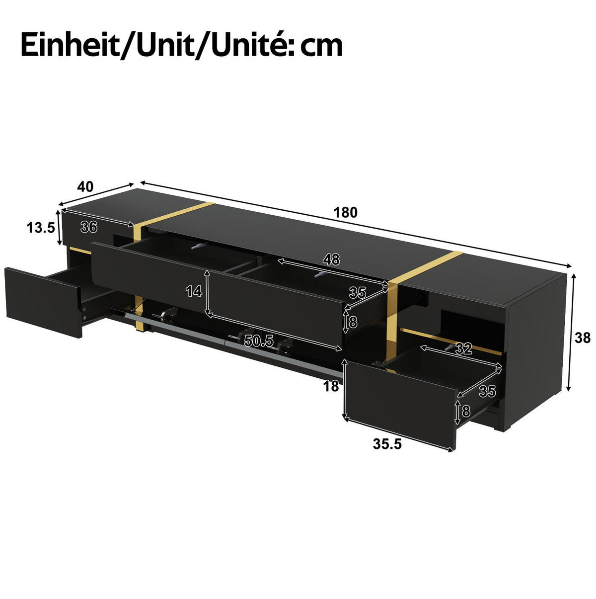 TV stolek z MDF a dřevotřísky 180x40x38 cm černý se 4 zásuvkami a 2 dvířky, vysoký lesk a zlaté detaily - černá, kompozitní dřevo (180/38/40cm) - Modfu