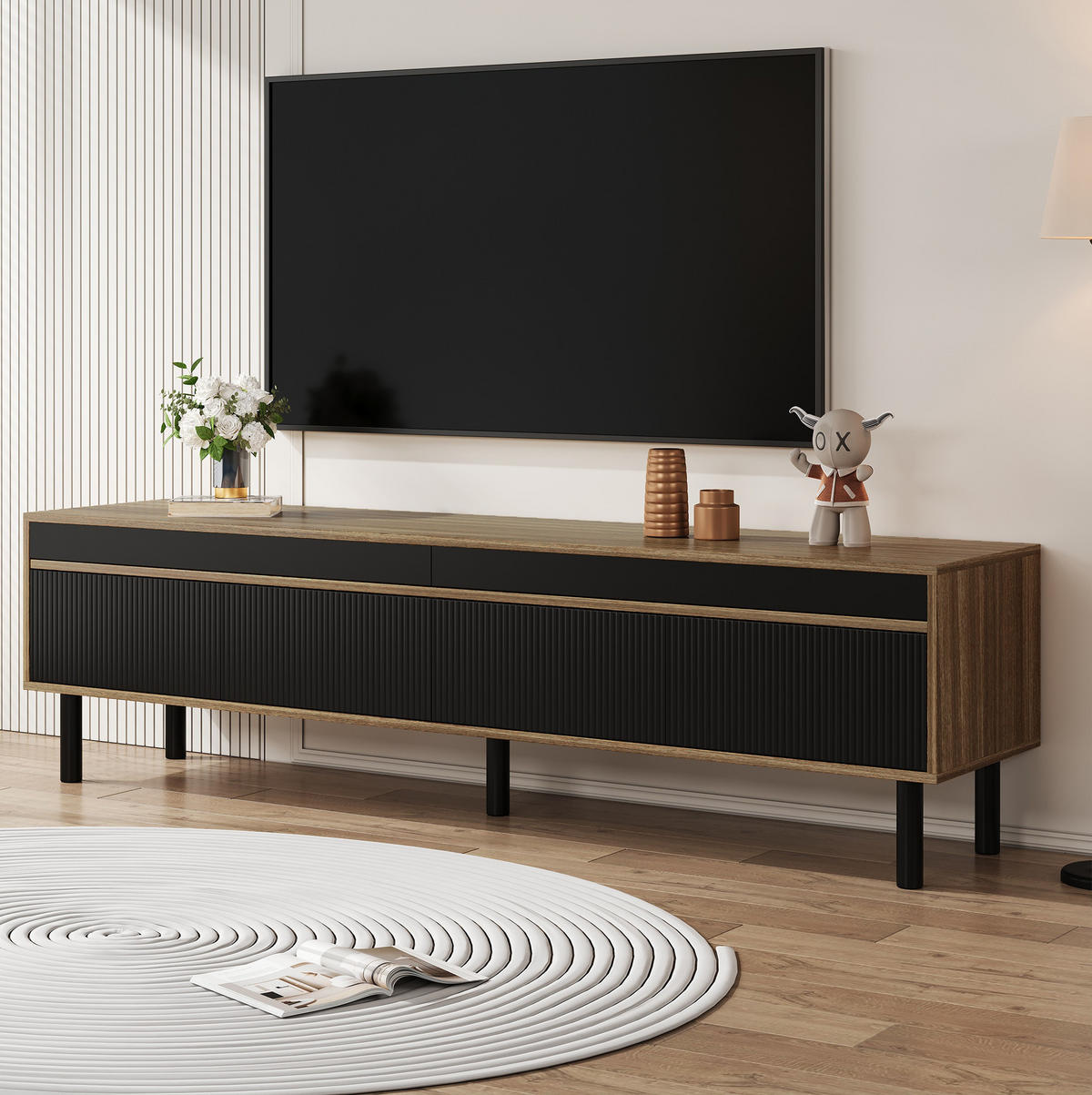 LOWBOARD 170/38/47.7 cm Schwarz/Natur aus Spanplatte mit 4 Türen - Schwarz, Holzwerkstoff (38/47/170cm) - OKMYHOME