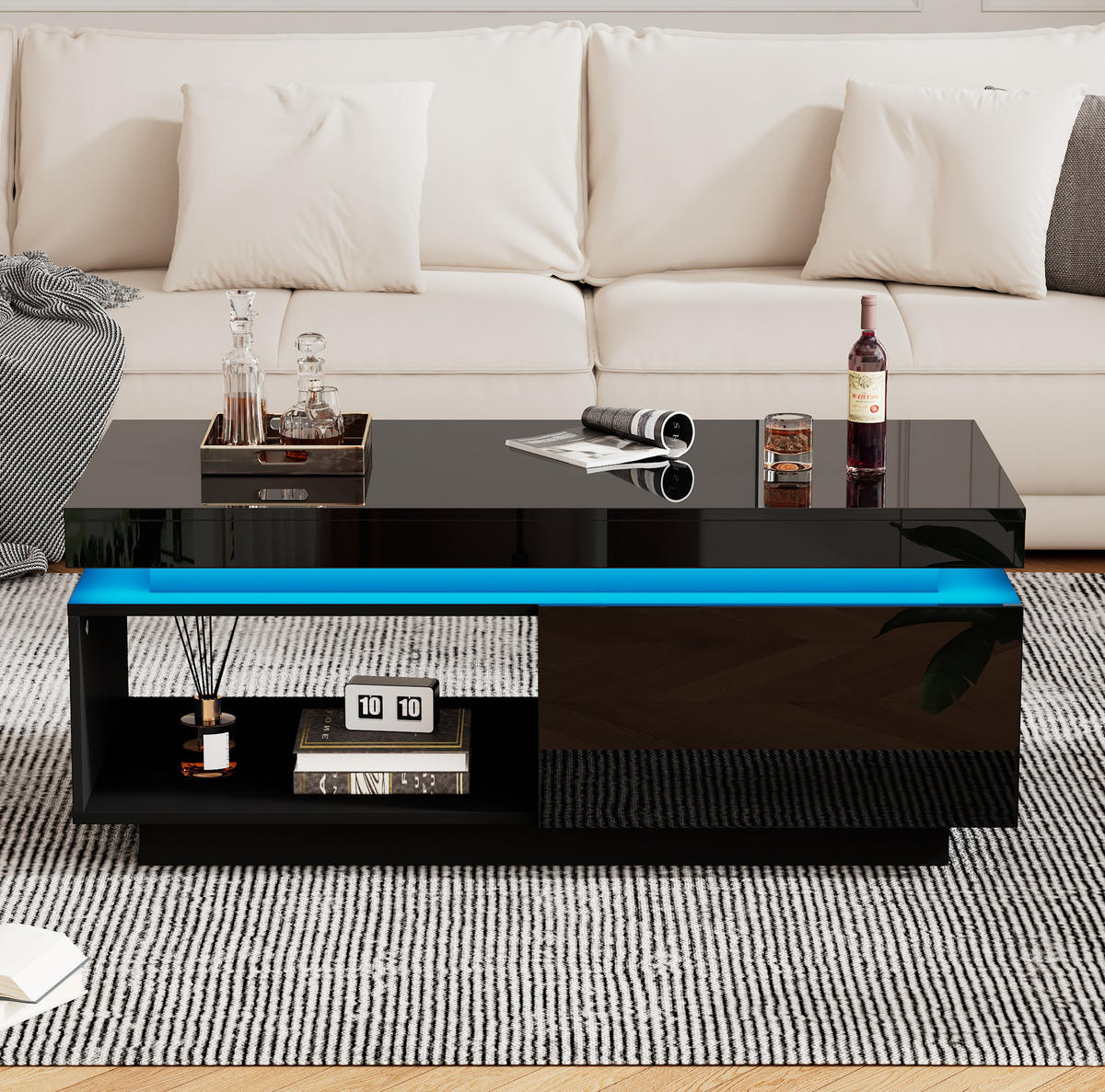 COUCHTISCH mit LED und Schublade 100 x 50 cm Hochglanz Schwarz - Schwarz, Holzwerkstoff (100/50/40cm) - Meubliv