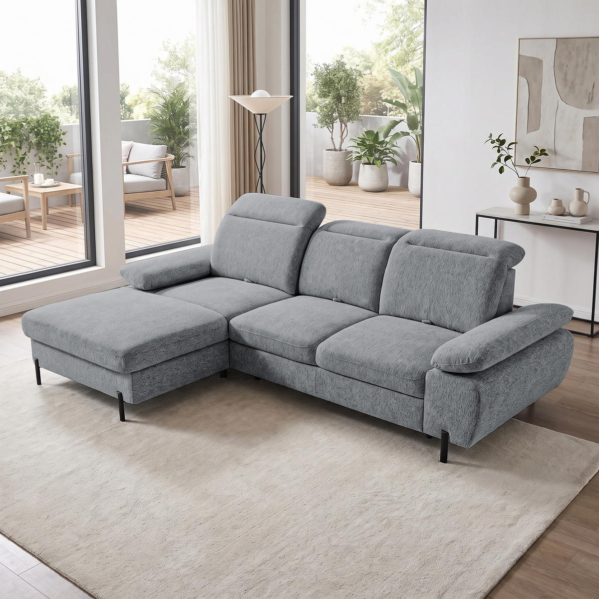 ECKSCHLAFSOFA Sora Mini mit verstellbaren Kopfstützen und Schlaffunktion, Chenille-Stoff, Grau, Links - Schwarz/Grau, Textil (285/190cm) - Beautysofa