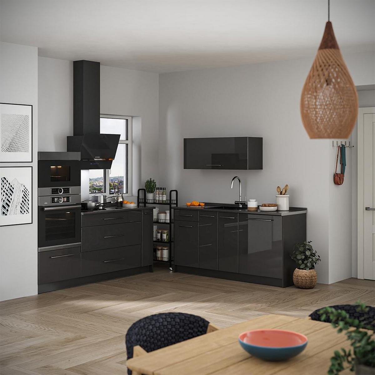 KUHINJA Fame-Line, Antracit z visokim sijajem/Antracit, 340 cm, DP Hrast - antracit, leseni material (340/153.6/60cm) - Vicco