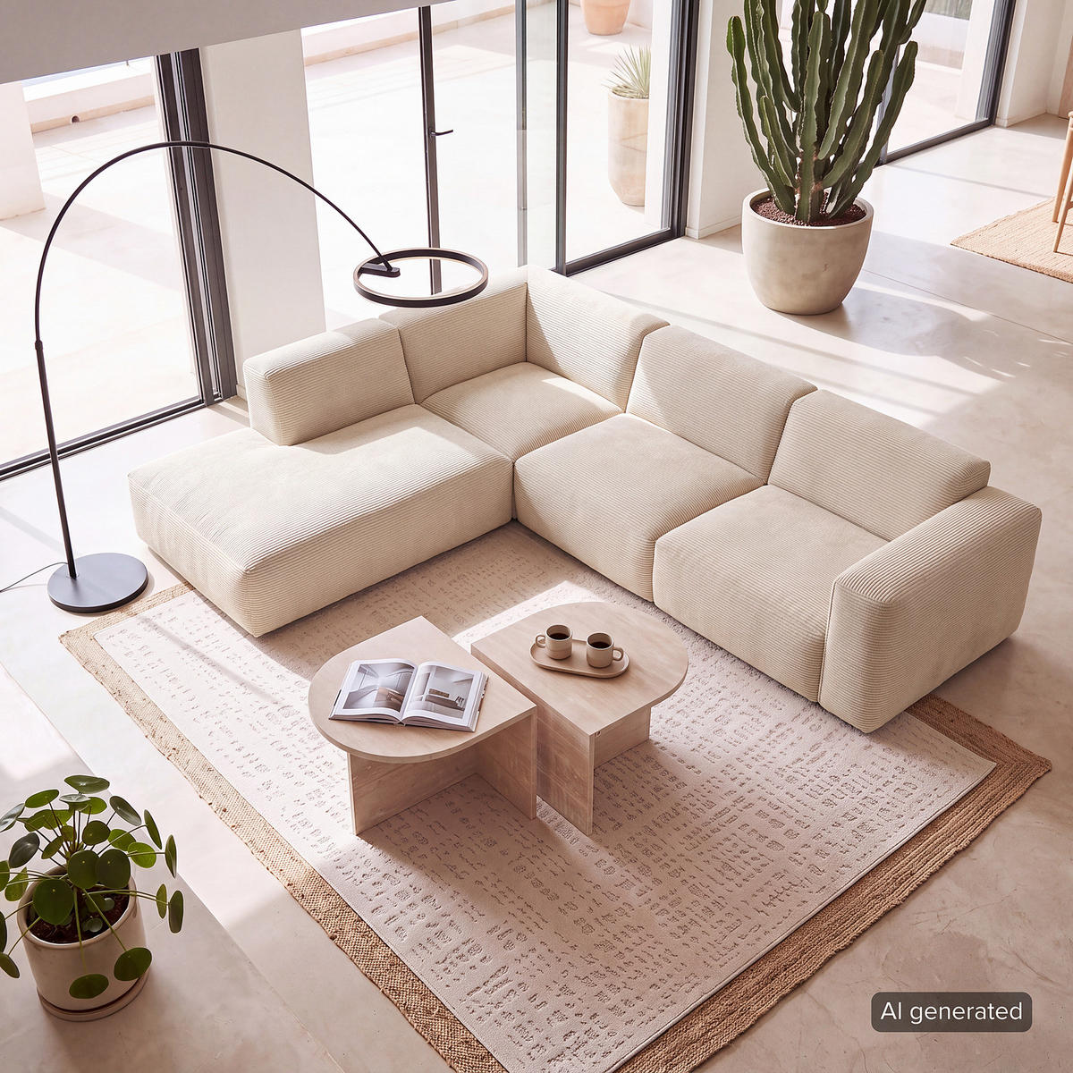 3-SITZER ECKSOFA mit Recamiere - Beige/Schwarz, Kunststoff/Textil (295/231cm) - home24
