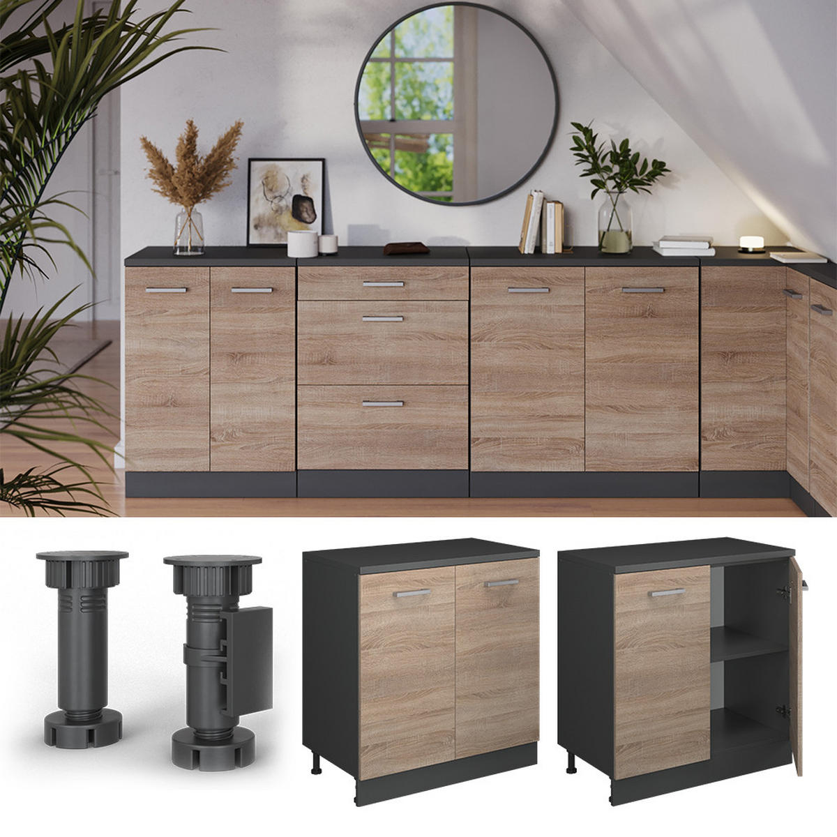 OMARICA ZA PODSTREŠJE Rion Sonoma 80 x 81.6 cm brez naklona z 2 vrati - hrast sonoma/antracit, leseni material (80/83.8/46cm) - Vicco