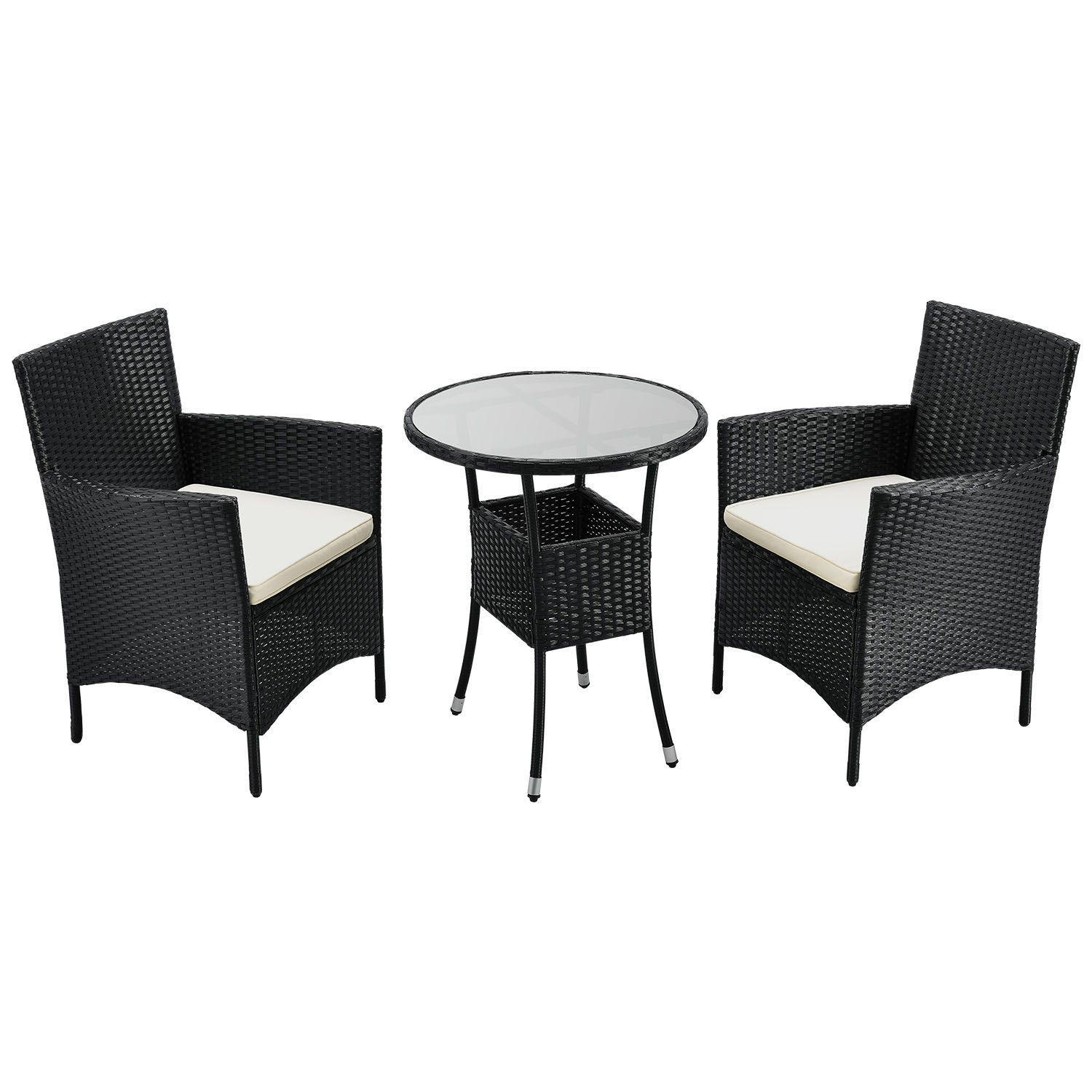 BALKON-SET Bayamo Polyrattan schwarz/beige (3-tlg.) - Schwarz, Kunststoff - Juskys