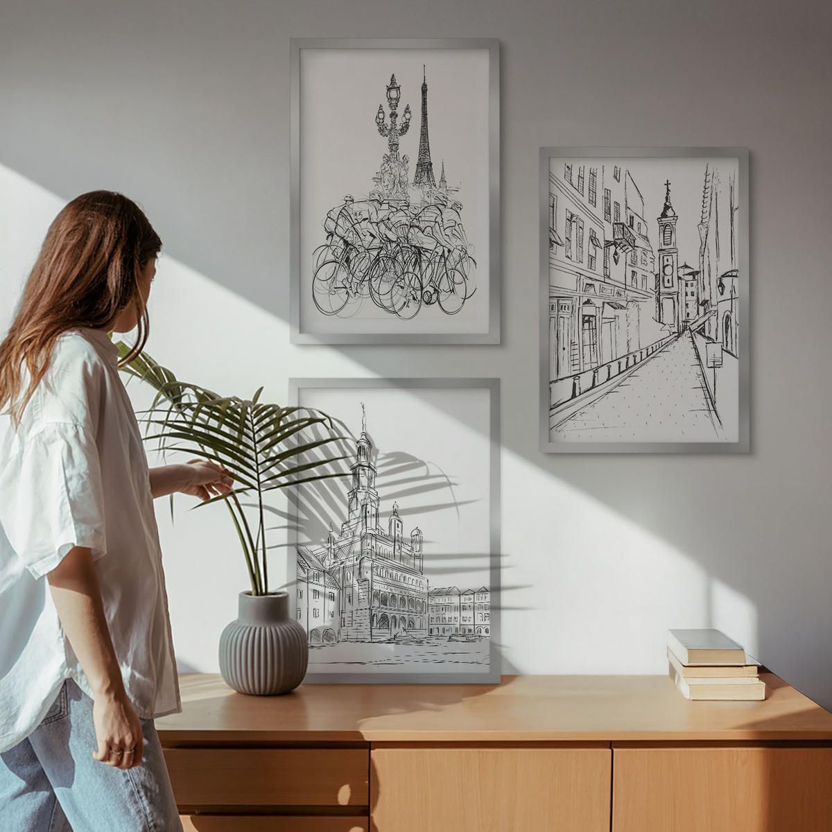 WANDBILDER 3er Set - 40x60 cm Silberner Rahmen - Einfache Zeichnungen von Stadtlandschaften - Silberfarben, Kunststoff (40/60cm) - ArtPrintCave