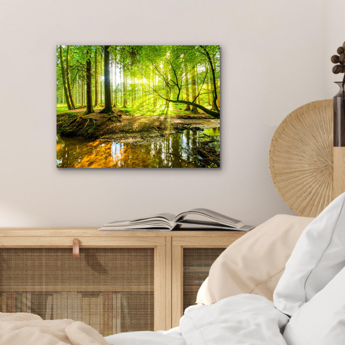 METALLBILD Wald - Landschaft - Wasser - Bäume - Sonne - Grün - Natur 40x30 cm - Grün, Metall (40/30cm) - MuchoWow