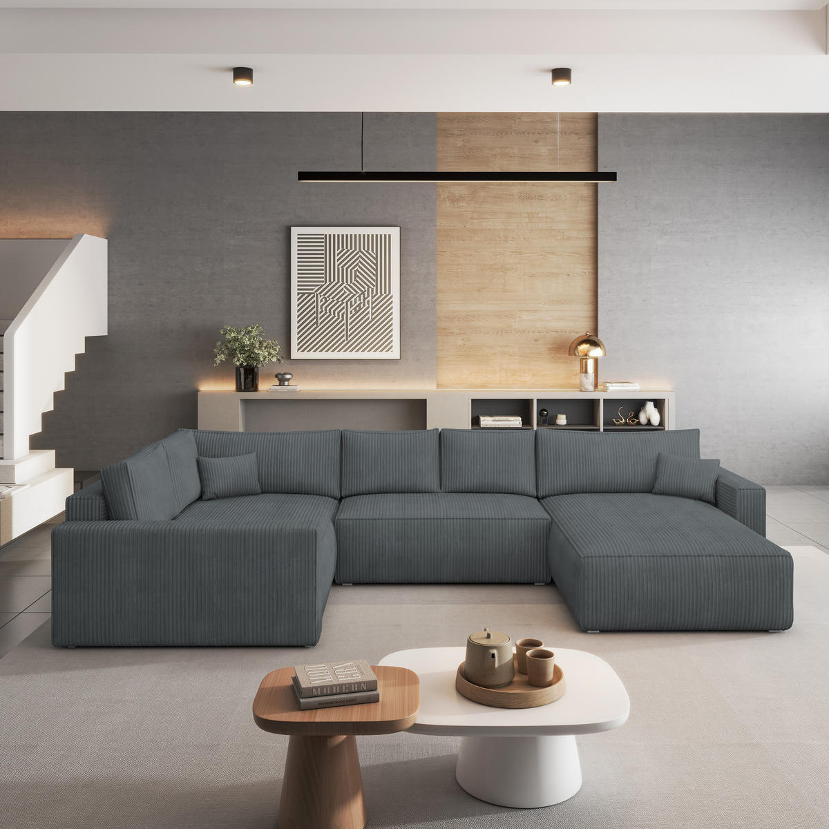 ROHOVÁ SEDAČKA VELAMI šedá - šedá, dřevo/textil (365/194cm) - MASSENO