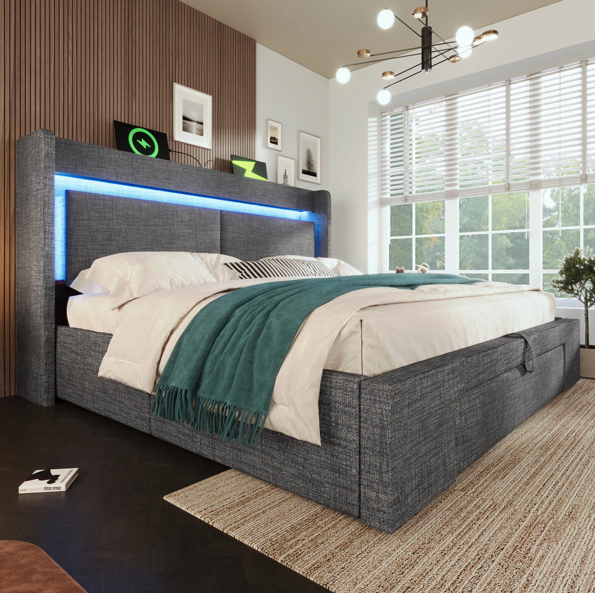 ČALÚNENÁ posteľ 180/200 cm s hydraulickým úložným priestorom, LED osvetlením a USB/USB-C, Sivá - sivá, textil (180/200cm) - Redom