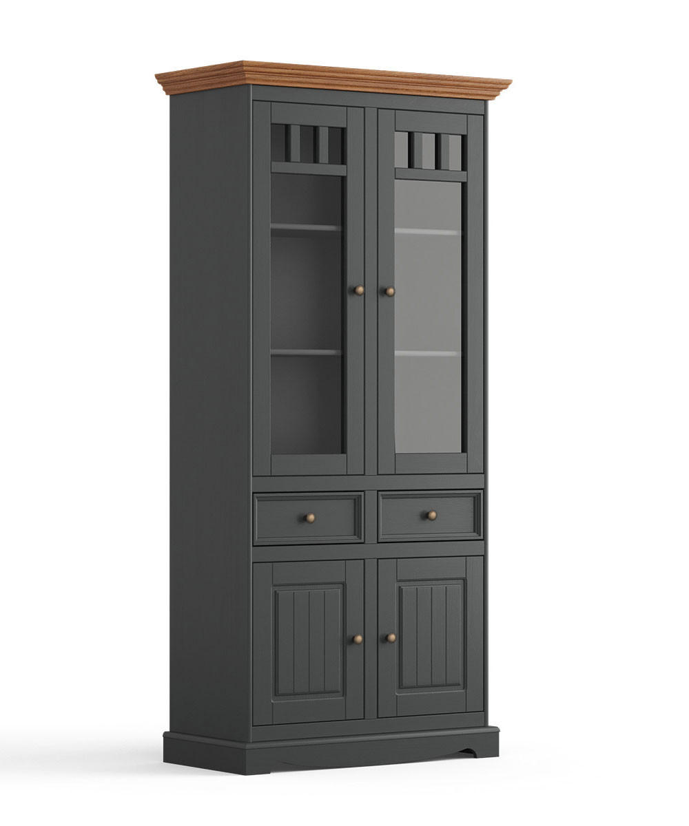 VITRINE Belluno Elegante Kiefer gebeizt, Eichefarben / basaltgrau (RAL7012) lackiert 89 / 44 / 190cm - Grau/Kieferfarben, Holz/Holzwerkstoff (89/190/44cm) - Feldmann-Wohnen