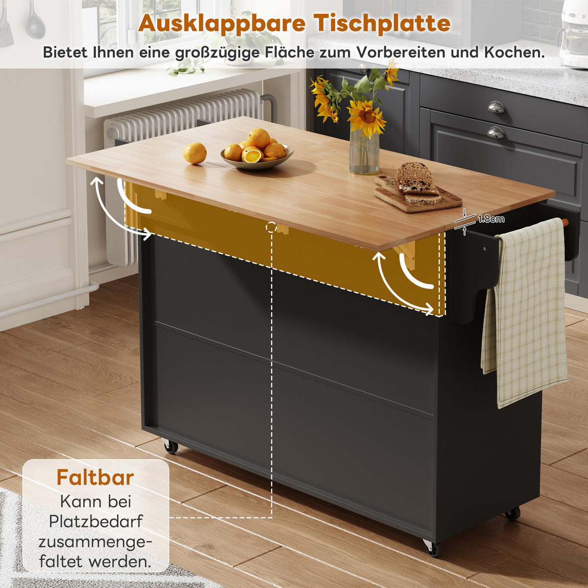 KÜCHENINSEL 145/45/94.5 cm Schwarz mit 2 Schublade, klappbarer Arbeitsplatte und 5 Rollen - Schwarz, Holz/Holzwerkstoff (145/94.5/70cm) - Oxeza