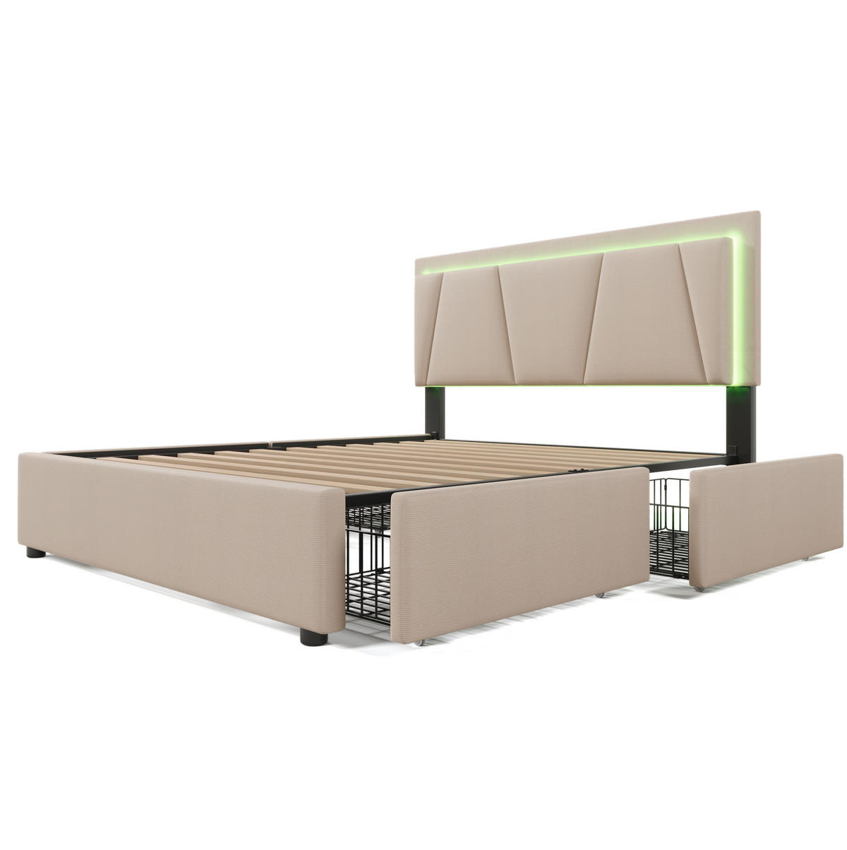POLSTERBETT aus Holz 140x200 cm in Beige mit LED-Beleuchtung & 4 Schubladen - Beige, Holzwerkstoff (140/200cm) - Modfu
