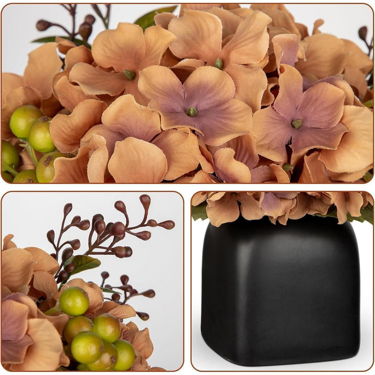 KUNSTBLUMEN Hortensien mit Beeren in schwarzer Keramikvase 31 cm - Braun, Keramik (33cm)