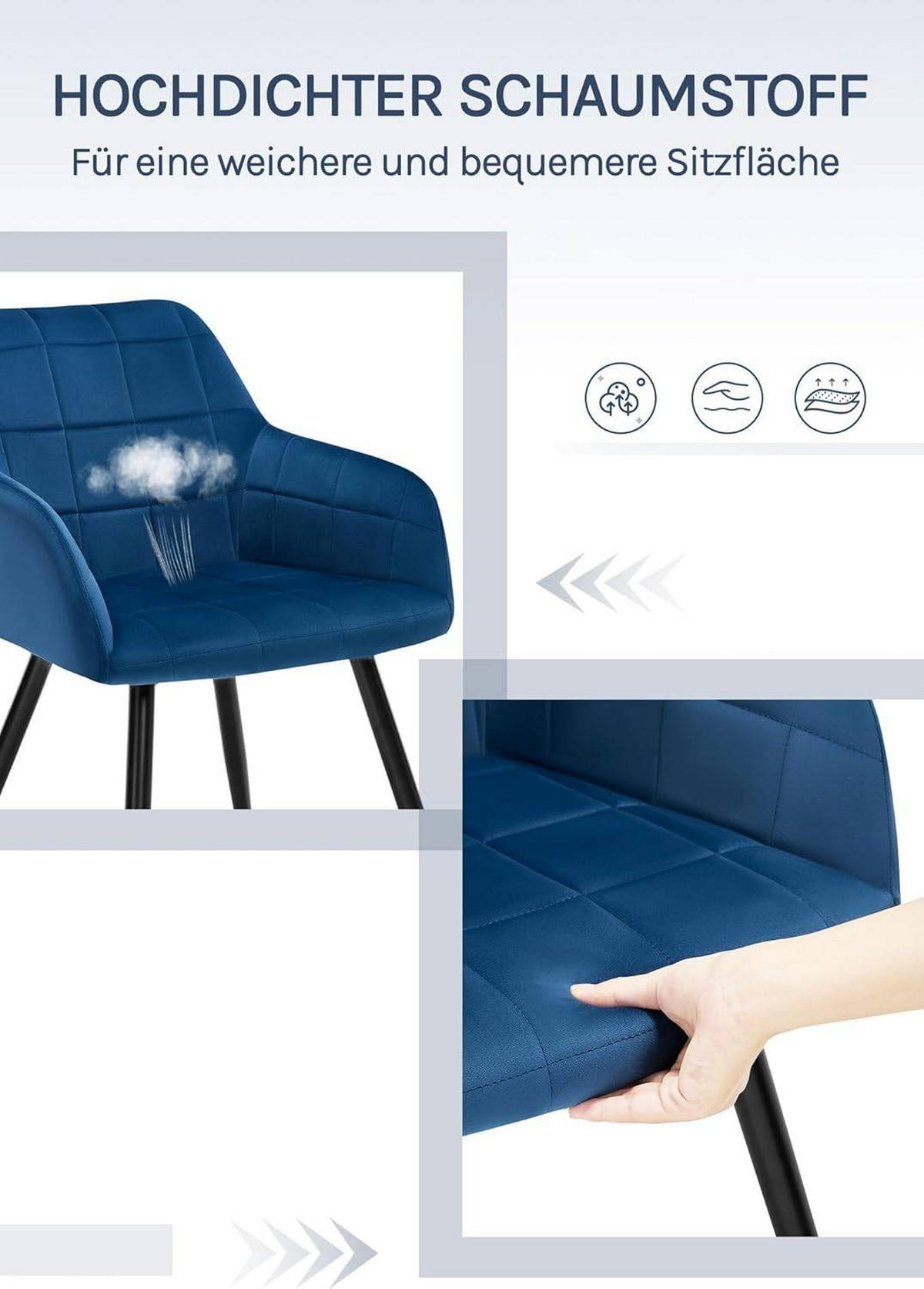 ESSZIMMERSTUHL 6er Set, Küchenstühle mit Armlehnen Metallbeinen - Blau/Schwarz, Textil/Metall (56/81/62cm) - Woltu