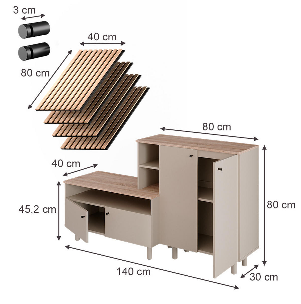 GARDEROBENSET Elano, Greige/Eiche, 140 x 80 cm 2 Teile - Greige/Eichefarben, Holzwerkstoff (140/80/40cm) - Vicco
