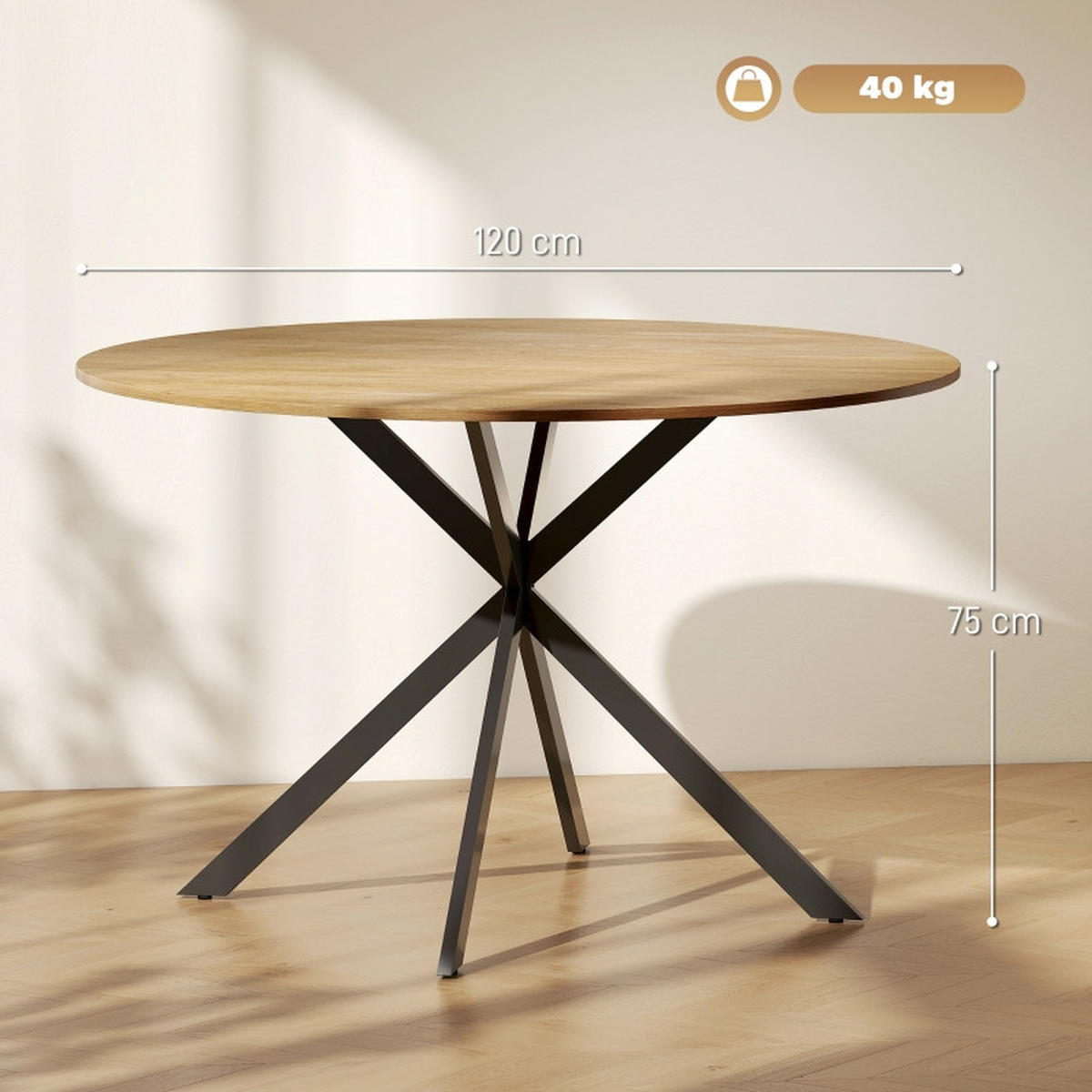 ESSTISCH 120/120/75 cm eichefarben mit X-Gestell und verstellbaren Füßen aus Holz und Stahl - Eichefarben, Holz (120/120/75cm) - OKWISH