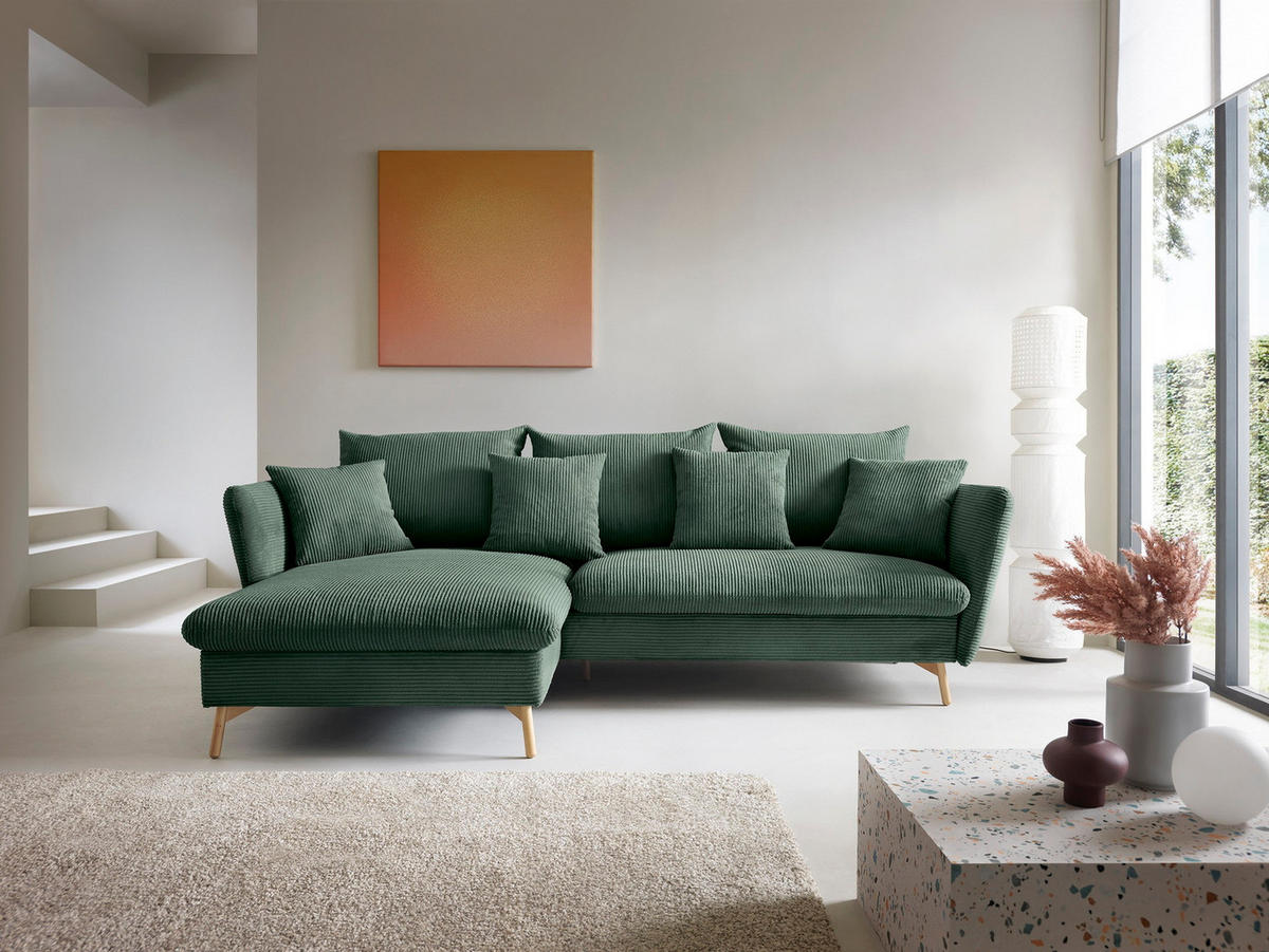 ECKSOFA Savona L-Form 260 cm, Cordstoff, Links, Grün - Grün, Holz (258/167cm) - Emporius
