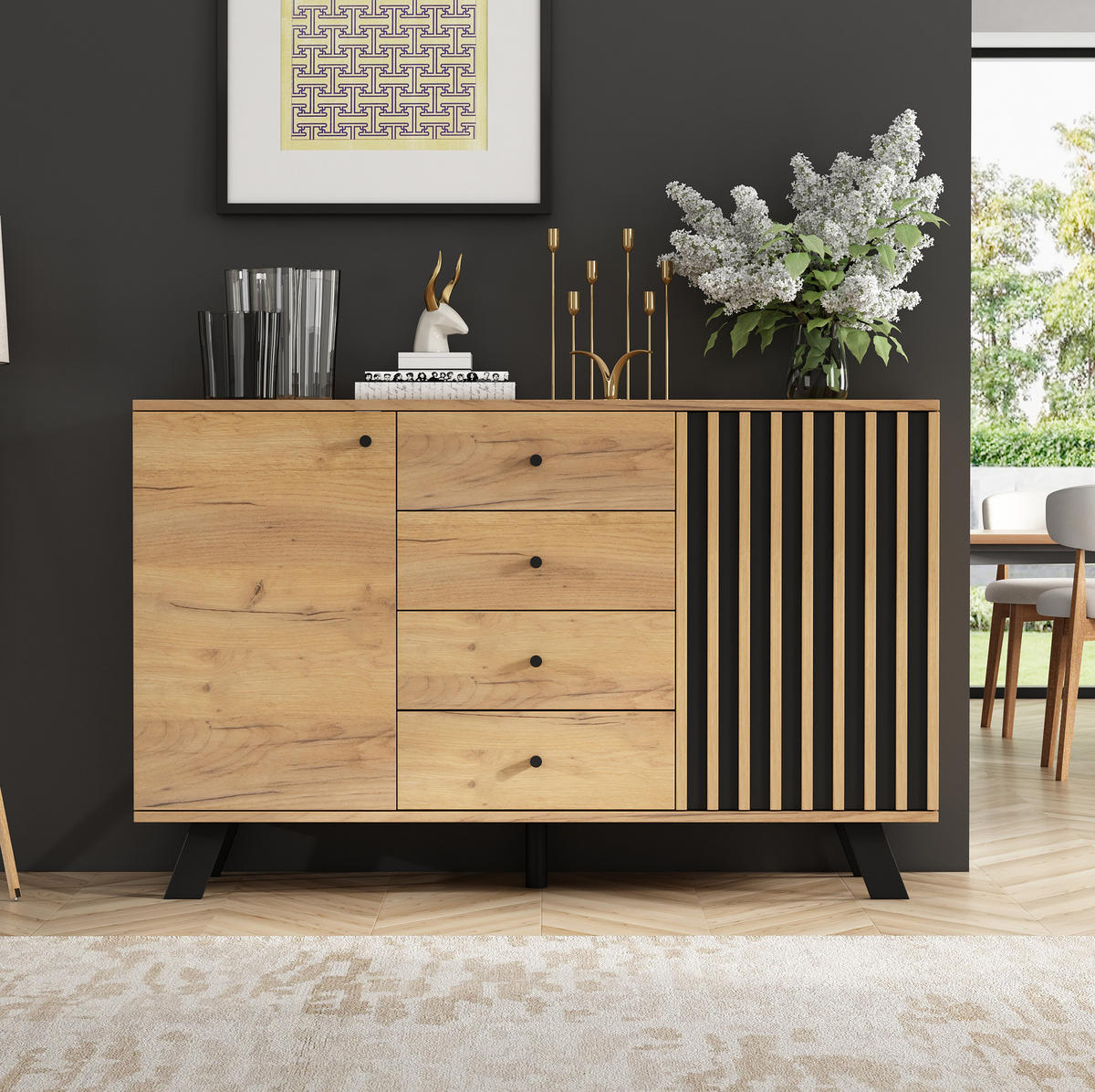 SIDEBOARD 120/38/75 cm mit 2 Türen & 4 Schubladen in Schwarz/Natur - Schwarz, Holzwerkstoff (120/75/38cm) - BEAOK