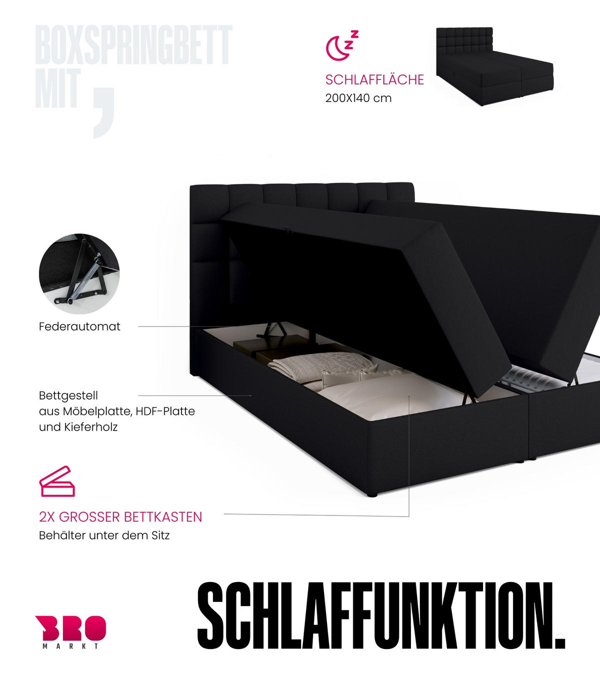 BOXBETT Dakota mit Topper 140/200 Schwarz - Schwarz, Textil (140/200cm) - Bromarkt