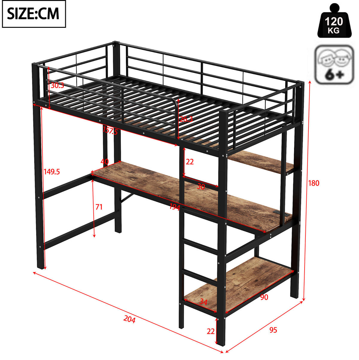 HOCHBETT 90/200 cm mit Schreibtisch, Regal, USB, Steckdose und LED-Ambientelicht, Schwarz - Schwarz, Metall (90/200cm) - Redom
