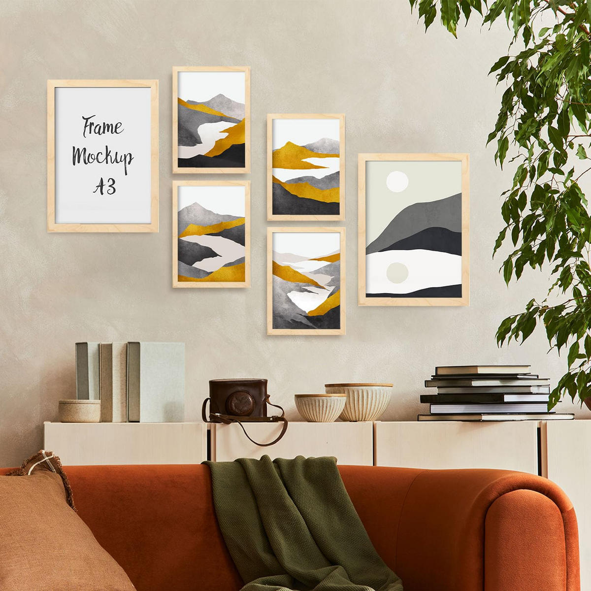 POSTER Set Mit 6 Bergrahmen In Kulissen Abstracts Ästhetische Dekorative Gemälde Für Ihr Wohnzimmer Zuhause A3 & A4 Rahmen Aus Hellem Holz - Beige, Papier (29/3cm) - Nacnic