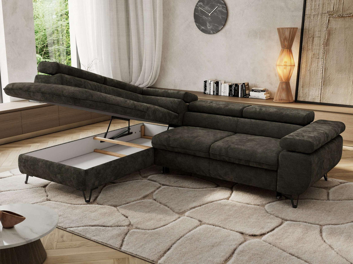 ECKSOFA PABLO L Dunkelgrau Schenille glatt - Links Seite mit T25 Topper - Dunkelgrau/Schwarz, Textil/Metall (208/273cm) - MKS